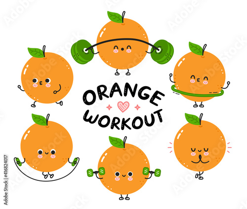 Cute funny orange make gym set collection. Vector flat line cartoon kawaii character illustration icon. Isolated on white background. Orange fruit workout character bundle concept