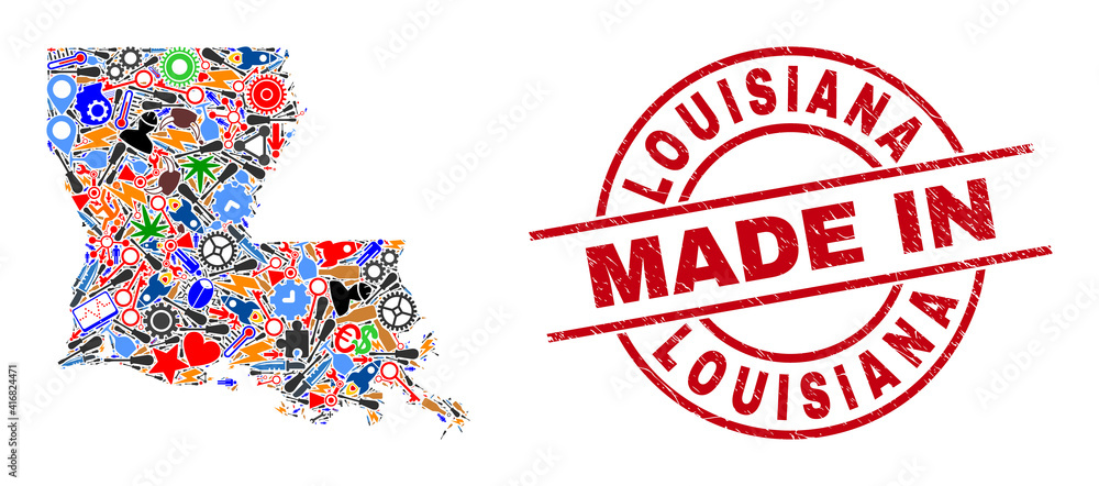 Service Louisiana State map mosaic and MADE IN scratched rubber stamp. Louisiana State map abstraction composed with spanners, wheels, tools, aircrafts, cars, electric strikes, helmets. Service Louisiana State map mosaic and MADE IN scratched rubber stamp. Louisiana State map abstraction composed with spanners, wheels, tools, aircrafts, cars, electric strikes, helmets.