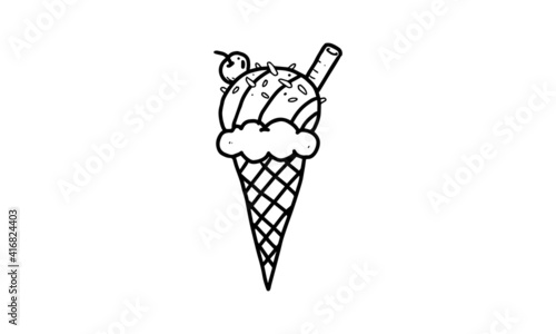 delicious ice cream cone illustration. colorless cartoon for drawing and coloring activities. fun activity for kids development and creativity. object isolated on white background in vector design.