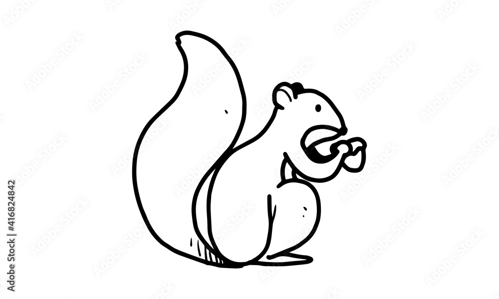 Obraz premium a squirrel eat nut on the ground illustration. colorless cartoon for drawing and coloring activities. fun activity for kids development and creativity. object isolated on white background in vector de