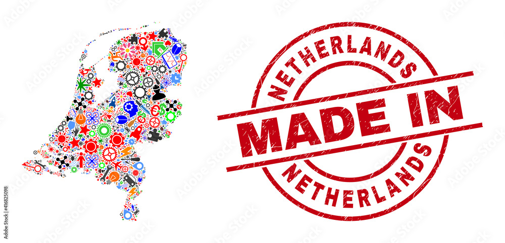Industrial mosaic Netherlands map and MADE IN distress stamp seal. Netherlands map composition composed with wrenches, gearwheels, screwdrivers, items, vehicles, electricity bolts, rockets. Industrial mosaic Netherlands map and MADE IN distress stamp seal. Netherlands map composition composed with wrenches, gearwheels, screwdrivers, items, vehicles, electricity bolts, rockets.