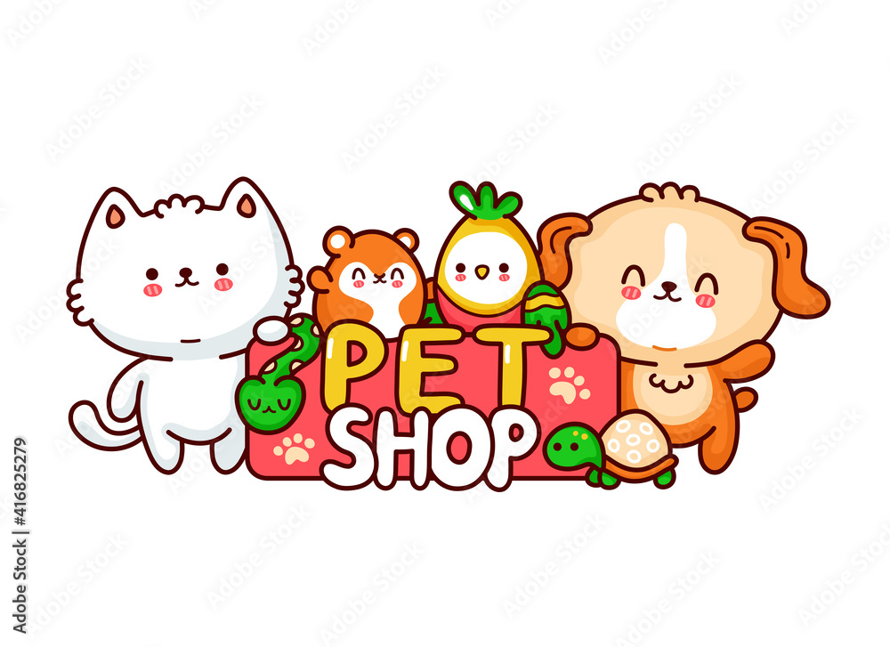Pet Shop logo design. Cute funny dog,cat,hamster,perrot,snake,turtle. Vector flat line cartoon kawaii character illustration icon. Isolated on white background. Pet shop characters concept Pet Shop logo design. Cute funny dog,cat,hamster,perrot,snake,turtle. Vector flat line cartoon kawaii character illustration icon. Isolated on white background. Pet shop characters concept