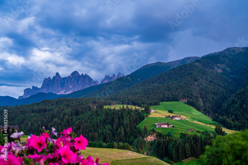 The Odle mountain peaks in the Dolomites in Italy..The Villnößtal with a view of the Geisler.