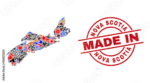 Industrial Nova Scotia Province map mosaic and MADE IN scratched rubber stamp. Nova Scotia Province map mosaic formed with spanners, gear wheels, screwdrivers, items, transports, electricity sparks,