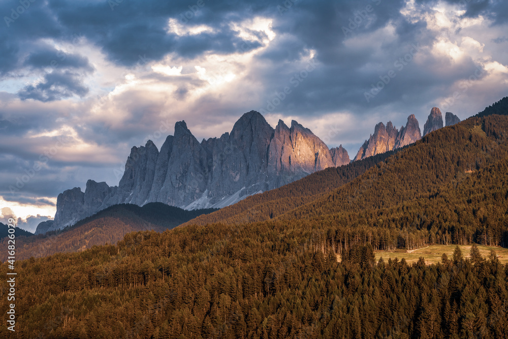 Panoramic view of the Dolomites, Italy. Odle mountain peaks.