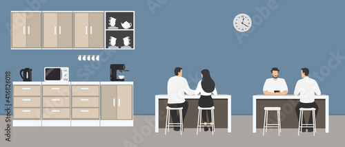 Office kitchen. Dining room in the office. Employees are sitting at the table. Coffee break. There are kitchen cabinets, a microwave, a kettle and a coffee machine in the image. Vector illustration