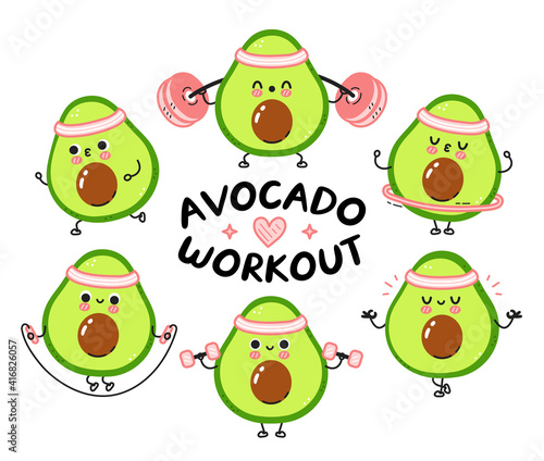 Cute funny avocado make gym set collection. Vector flat line cartoon kawaii character illustration icon. Isolated on white background. Avocado workout character bundle concept