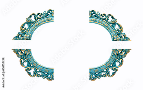 Turquoise gold gilded carved oval frame, isolated on white background photo