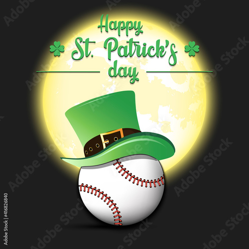 Happy St. Patricks day. Baseball ball in leprechaun hat on an isolated background. Pattern for greeting card, logo, banner, poster, party invitation. Vector illustration