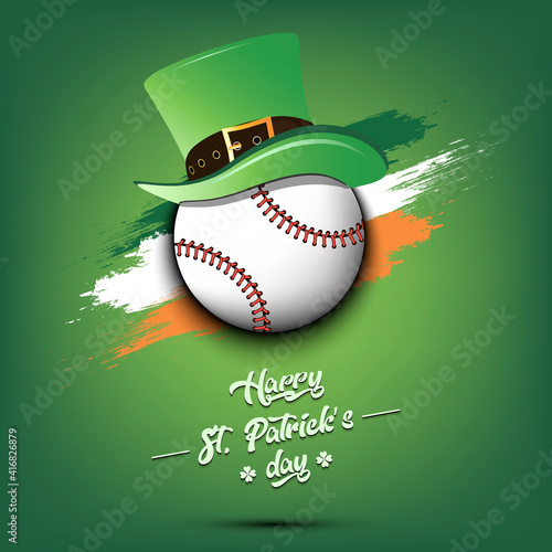 Happy St. Patricks day. Baseball ball in leprechaun hat the background of the Irish flag. Pattern for greeting card, logo, banner, poster, party invitation. Vector illustration