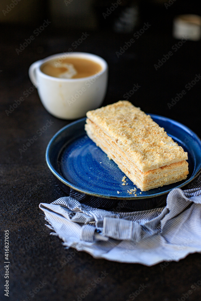 mille feuille cake layers cream napoleon dessert sweet piece top view copy space for text food background rustic image mille feuille cake layers cream napoleon dessert sweet piece top view copy space for text food background rustic image