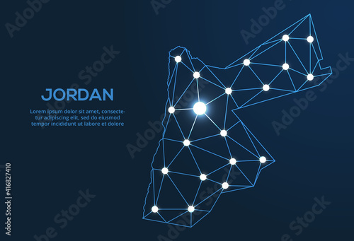Jordan communication network map. Vector low poly image of a global map with lights in the form of cities. Map in the form of a constellation, mute and stars