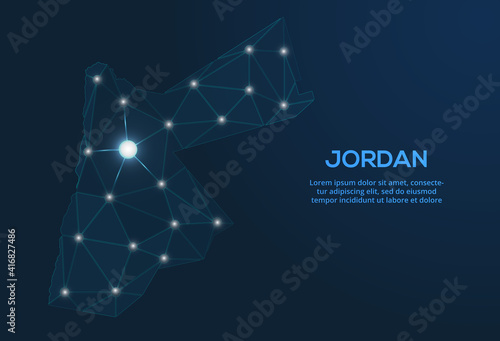 Jordan communication network map. Vector low poly image of a global map with lights in the form of cities. Map in the form of a constellation, mute and stars
