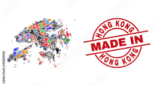 Service Hong Kong map mosaic and MADE IN grunge stamp. Hong Kong map composition created with spanners, gearwheels, tools, air planes, vehicles, electricity bolts, details.