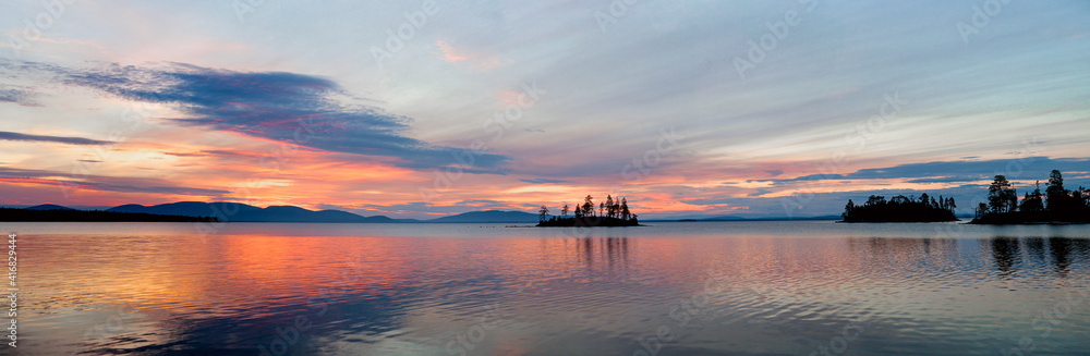 Panorama large size. Sunset landscape on the lake