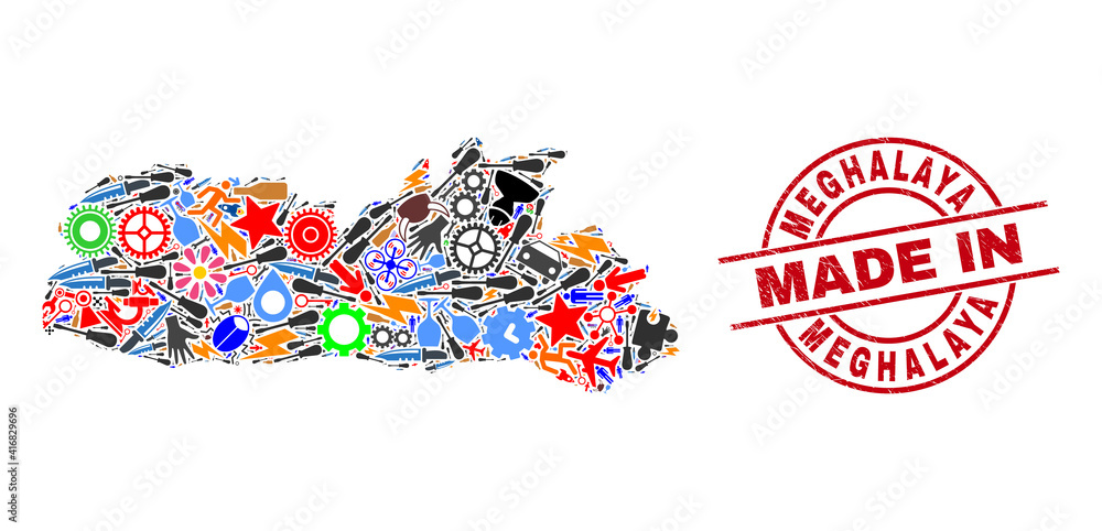 Science Meghalaya State map mosaic and MADE IN distress watermark. Meghalaya State map mosaic composed with wrenches, wheels, instruments, air planes, vehicles, electricity strikes, rockets. Science Meghalaya State map mosaic and MADE IN distress watermark. Meghalaya State map mosaic composed with wrenches, wheels, instruments, air planes, vehicles, electricity strikes, rockets.