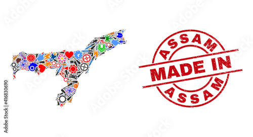Service mosaic Assam State map and MADE IN scratched stamp seal. Assam State map mosaic designed with spanners  wheels  instruments  aviation symbols  cars  power sparks  rockets.