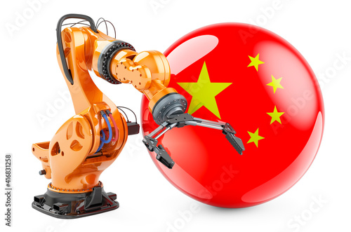 Robotic arm with Chinese flag. Modern technology, industry and production in China concept, 3D rendering photo