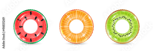 Inflatable rings looking like kiwi, orange and watermelon isolated on white background. Realistic colorful rubber swimming buoy. Vector illustration of top view at pool floater in fruit shape