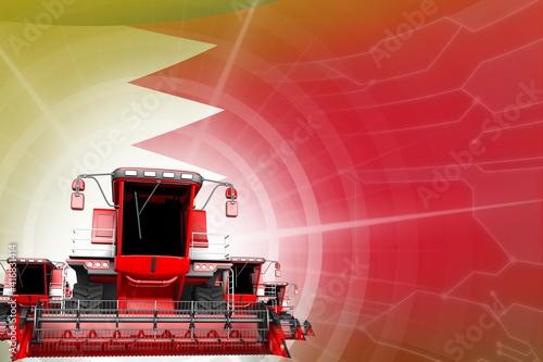 Digital industrial 3D illustration of red modern rye combine harvesters on Bahrain flag  farming equipment modernisation concept