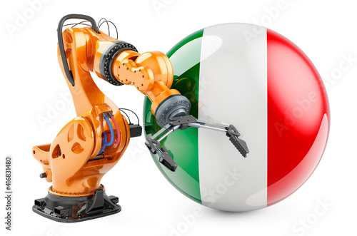 Fototapeta Naklejka Na Ścianę i Meble -  Robotic arm with Italian flag. Modern technology, industry and production in Italy concept, 3D rendering