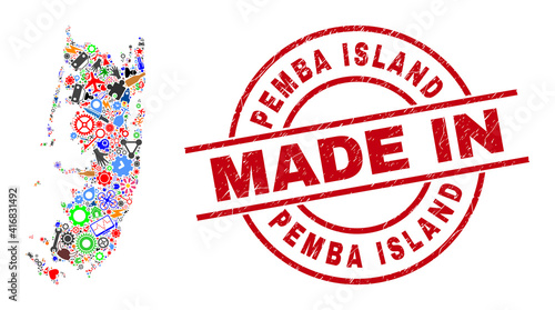 Education Pemba island map mosaic and MADE IN textured rubber stamp. Pemba island map mosaic formed from wrenches, cogs, screwdrivers, components, transports, electricity strikes, rockets.