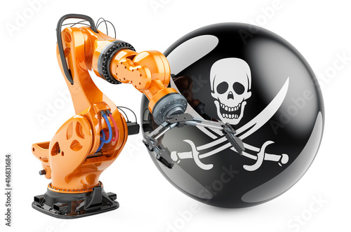 Robotic arm with piracy flag, 3D rendering