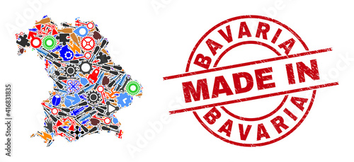 Technical mosaic Bavaria Land map and MADE IN scratched rubber stamp. Bavaria Land map collage created with wrenches, gearwheels, screwdrivers, air planes, vehicles, electricity bolts, helmets.
