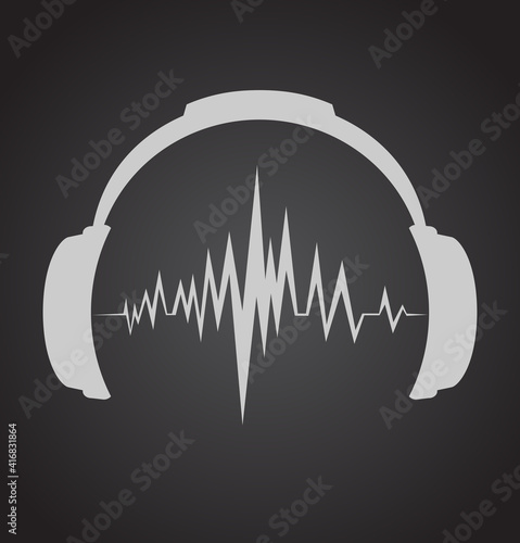 Headphones Icon With Sound Wave Beats. Vector Flat Illustration