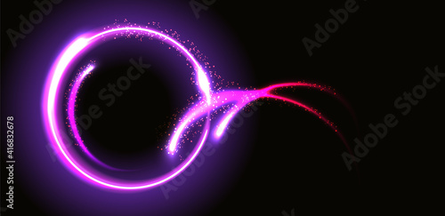 Abstract fantastic background with neon glow round frame and shiny light space portal into another dimension. Fluorescent space border.