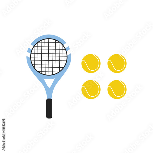 two colored tennis rackets with yellow tennis ball set on a white background vector Illustration flat style