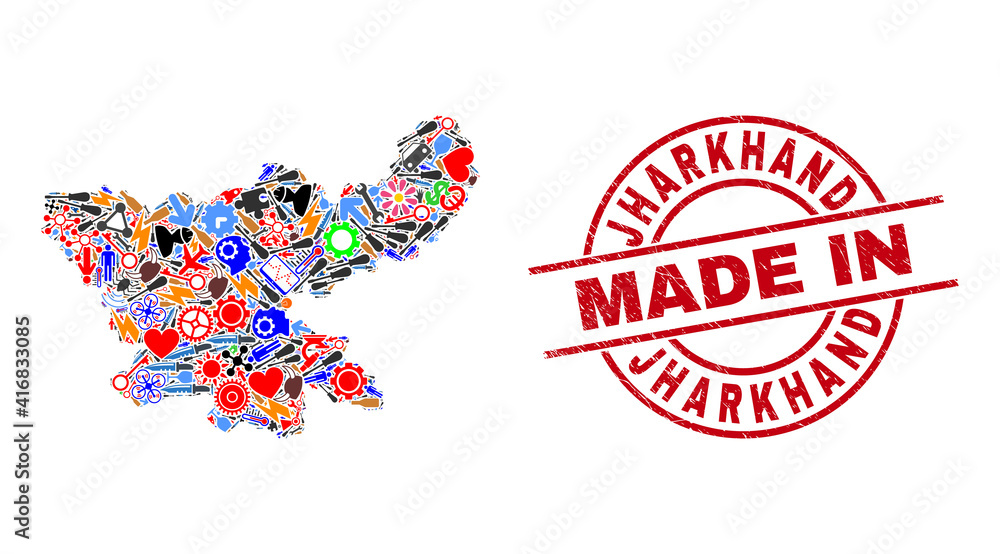 Production mosaic Jharkhand State map and MADE IN distress stamp. Jharkhand State map composition created with wrenches, wheels, tools, air planes, vehicles, electric strikes, rockets. Production mosaic Jharkhand State map and MADE IN distress stamp. Jharkhand State map composition created with wrenches, wheels, tools, air planes, vehicles, electric strikes, rockets.