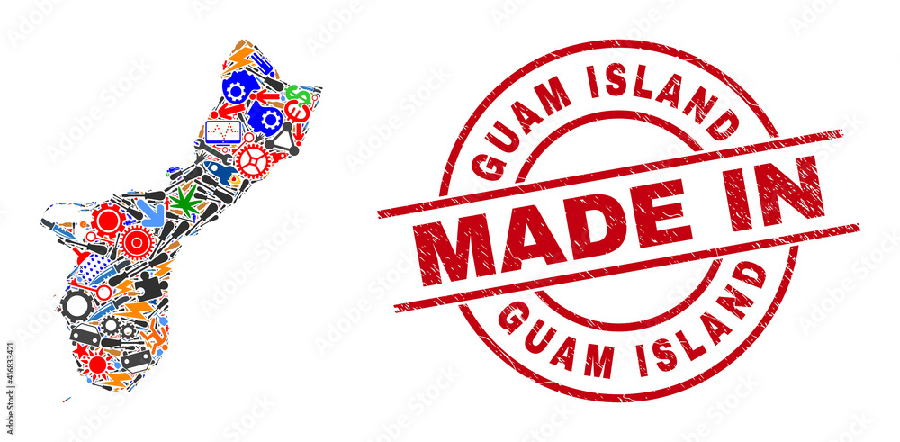 Engineering Guam Island map mosaic and MADE IN distress stamp seal. Guam Island map mosaic designed with wrenches, wheels, screwdrivers, aviation symbols, cars, electricity sparks, helmets. Engineering Guam Island map mosaic and MADE IN distress stamp seal. Guam Island map mosaic designed with wrenches, wheels, screwdrivers, aviation symbols, cars, electricity sparks, helmets.