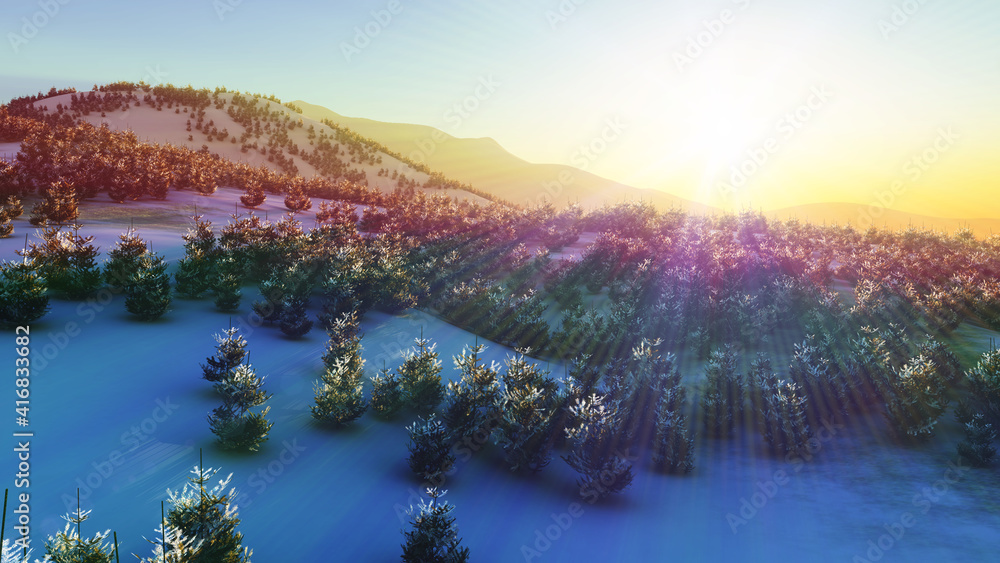 Obraz premium above winter forest mountain sunset
