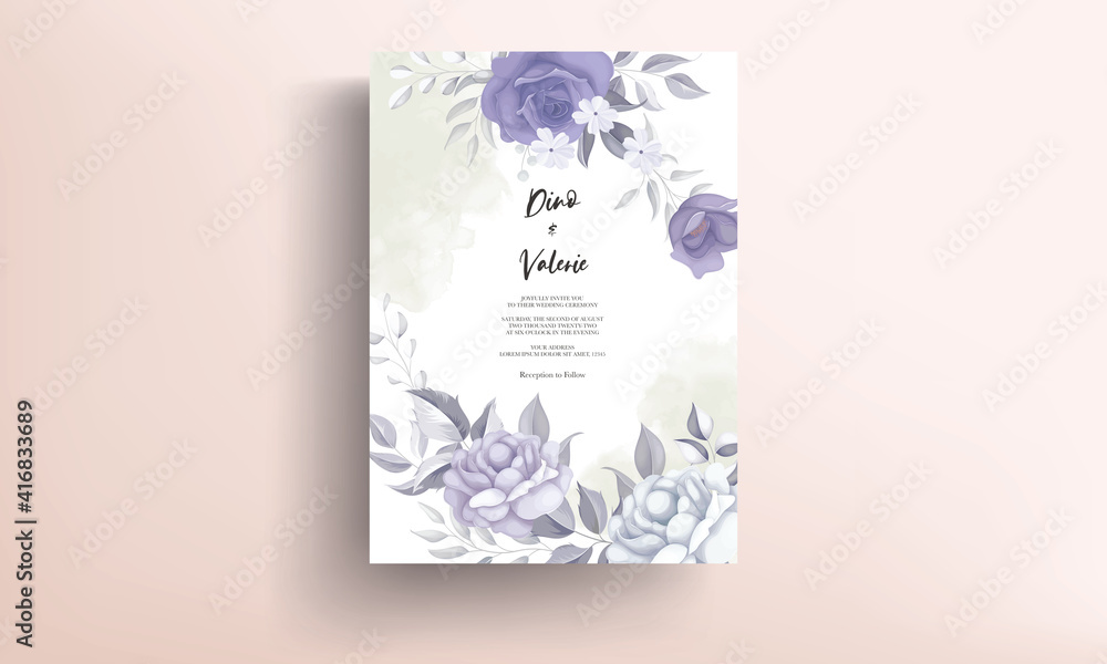 Modern wedding invitation card with beautiful purple flower decoration