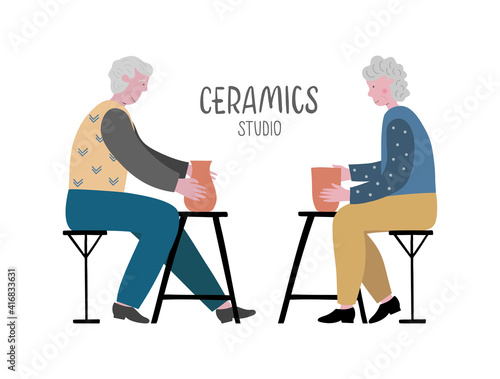 Elderly couple is making clay pots at ceramics studio, workshop. Leisure time. Seniors doing active, creative time. Concept vector illustration with lettering for web.