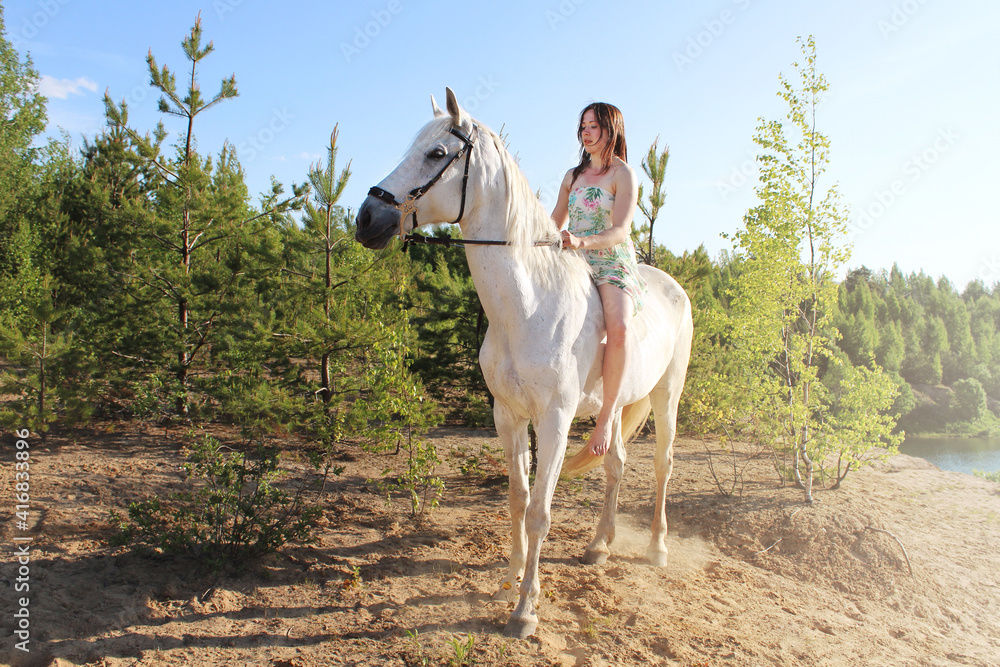 Young girl sits on a white horse without a saddle Young girl sits on a white horse without a saddle