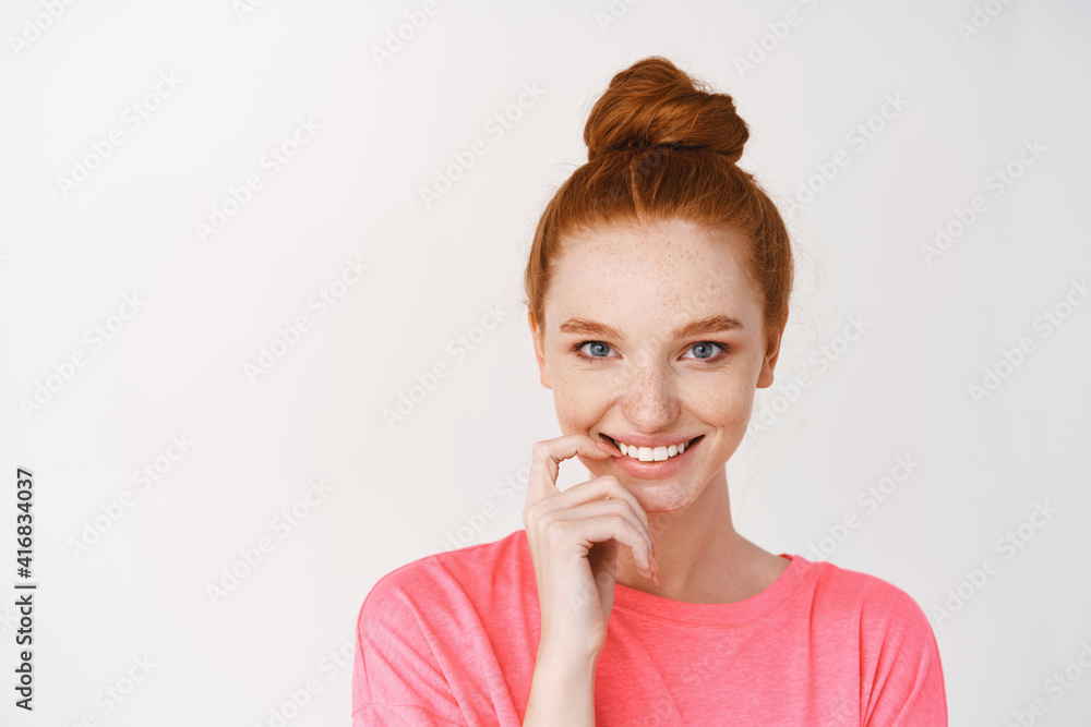 Beauty and skincare. Close-up of cute teenage girl with ginger hair ...
