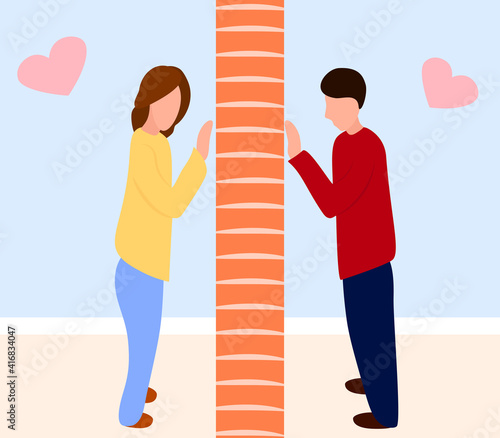 couple divided with wall love relationship quarrel colorful illustration