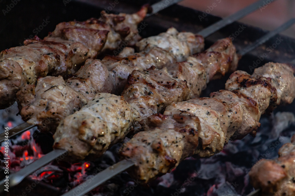  delicious barbecue, which is prepared on a fire on skewers, on a picnic with friends