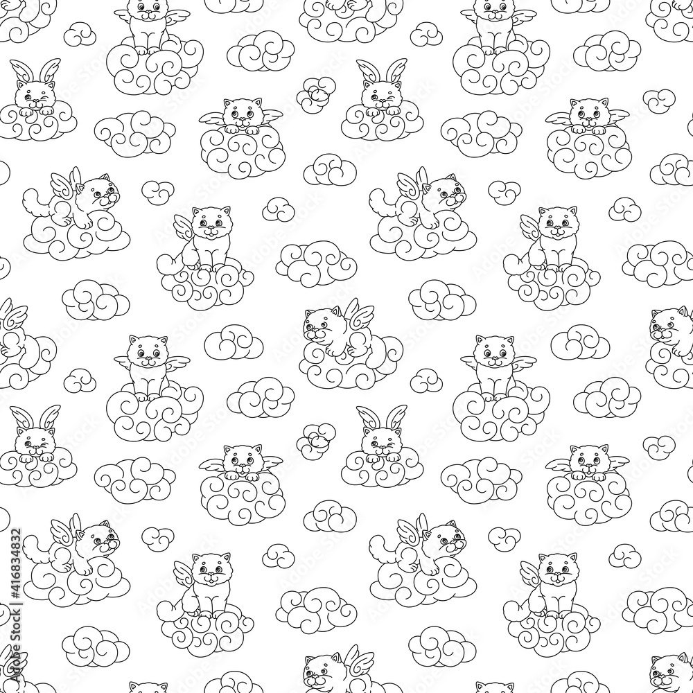 Seamless vector pattern of contour images of winged kittens in the clouds, black and white coloring for children Seamless vector pattern of contour images of winged kittens in the clouds, black and white coloring for children