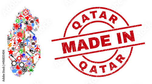 Service Qatar map mosaic and MADE IN distress rubber stamp. Qatar map abstraction designed with wrenches, gear wheels, tools, air planes, cars, electricity bolts, helmets.
