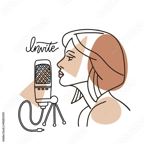Woman have an invite to clubhouse. Female face in profile speaking in mic. Trendy abstract linear concept. Invite lettering text. Online conference with different people. Vector illustration
