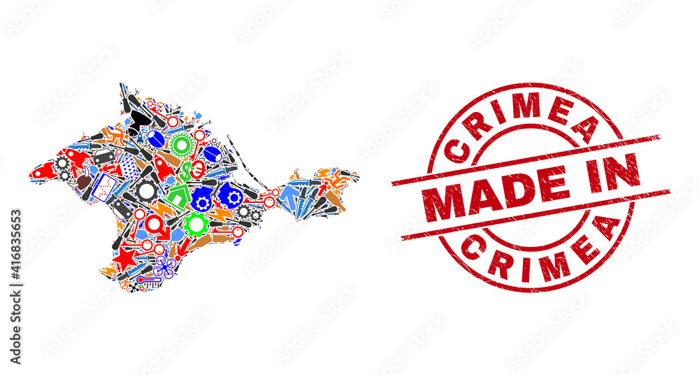 Obraz premium Service Crimea map mosaic and MADE IN grunge rubber stamp. Crimea map collage designed from wrenches, gearwheels, tools, aviation symbols, vehicles, electric strikes, rockets.