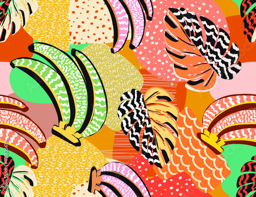 tropical pattern with multicolored hand drawn elements and fun mosaic background © D&R studio