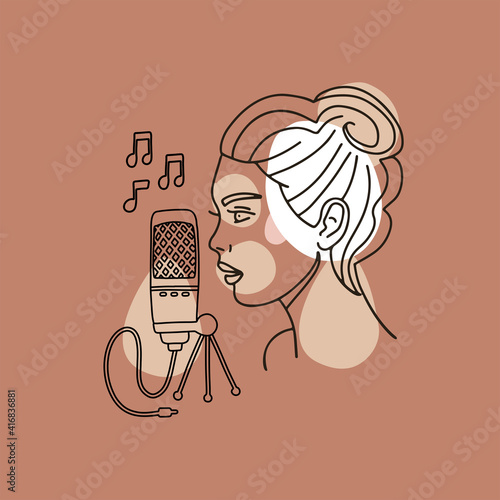 Girl recording voice in a recording studio. Podcast Presenter with mike. Femali singer sings in mic. Vector illustration doodles in linear trendy abstrat shapes style. photo