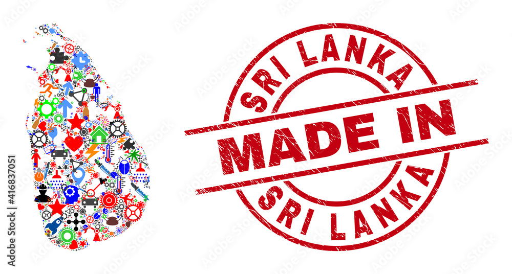 Industrial mosaic Sri Lanka map and MADE IN distress rubber stamp. Sri Lanka map mosaic created with spanners, cogs, instruments, items, cars, electric bolts, helmets. Industrial mosaic Sri Lanka map and MADE IN distress rubber stamp. Sri Lanka map mosaic created with spanners, cogs, instruments, items, cars, electric bolts, helmets.