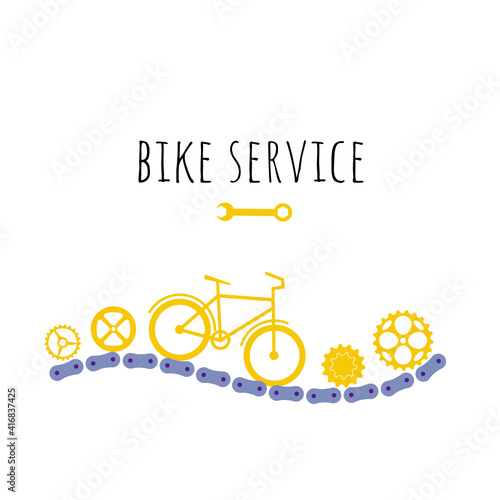 Bike service surrounded by ring of chain and tools and details. vector flat illustration