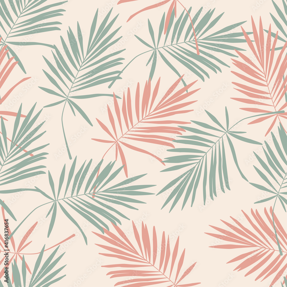A seamless pattern with exotic tropical palm leaves on a light pastel background.  Простой натуральный для обоев, текстиля, постеров, путешествий. Vector graphics