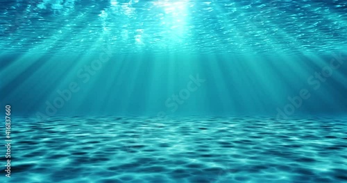 3D Realistic ocean underwater animation with light rays. Blue decorative background, moving water surface.